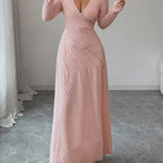 High Waisted Long Sleeves Pleated Solid Color Deep V-Neck Maxi Dresses