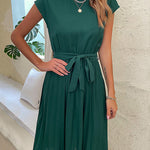 A-Line Loose Pleated Solid Color Tied Waist Round-Neck Midi Dresses