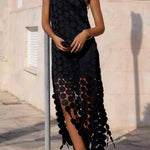 Juju Embroidered Cutout Polka Dots Square Neck Tassel Hem Slip Maxi Dress