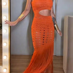 Refresh Style Knit Hollow Out One Shoulder Cutout Waist Tassel Hem Maxi Dress
