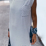 Black Stripe Chest Pocket Shoulder Padded Sleeveless Long Dress