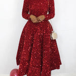 A-Line High Waisted Sequined Split-Joint Zipper Round-Neck Maxi Dresses