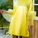 Half Sleeves Loose Shiny Solid Color Split-Joint Tulle Round-Neck Mini Dresses