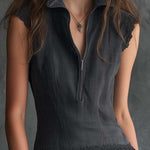 Boho Vintage Zip-Neck Sleeveless Mini Dress In Charcoal Grey