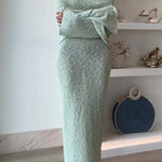 Marisol Ribbed Boucle Material Draped Off Shoulder Stretch Vacation Maxi Dress