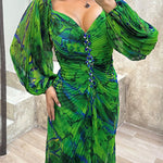 Margovil Off Shoulder Lantern Long Sleeves Printed Slit Pleated Maxi Dress