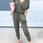 Margovil V Neck Tie Waist Solid Jumpsuit with Pockets