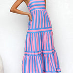 Margovil Spaghetti Strap Ruffle Tiered Color Block Striped Maxi Dress