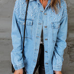 Margovil Pearls Beading Raw Hem Distressed Denim Shirt Jacket