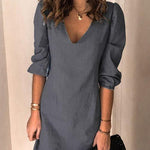Margovil V Neck Cuff Sleeve Solid Mini Dress