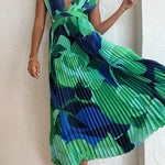 Margovil V Neck Waisted Back Cut Out Printed Maxi Pleated Dress