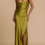 Margovil High Slit Back Drape Cascading Satin Maxi Cami Dress