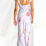 Deep V Neck Backless Slit Floral Print Satin Maxi Dress
