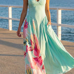 V Neck Sleeveless Basque Waist Floral Print Maxi Dress