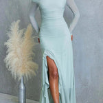 Asymmetric Shoulder Long Sleeves Slit Ruffle Maxi Dress
