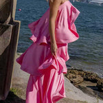 Margovil Adjustable Strap Ruffle Layered Satin Maxi Dress