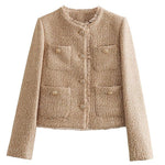 Button Up Frayed Hem Short Tweed Jacket