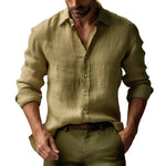 Men's Casual Solid Color Linen Lapel Slim Fit Long Sleeve Shirt