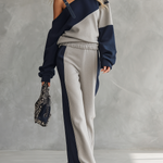 Casual Sportswear Patchwork One-shoulder Sweatshirt And Sweatpants Set
