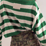 Striped Print Crew Neck Long Sleeve Loose Knitted Sweater