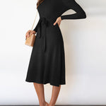 High Waisted Long Sleeves Solid Color Tied Waist Round-Neck Midi Dresses Sweater Dresses