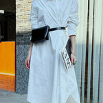 Long Sleeves Loose Asymmetric Solid Color Lapel Shirt Dress