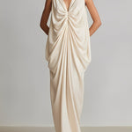 Women's Ivory Satin Dress With Deep V-Neck & Ruched Knot Detail, Timeless Luxe-Romantic Style Dress