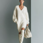 Women's White Elegant V - Neck Mini Sweater Dress