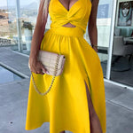 Deep V hollow large skirt slit suspender dress