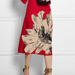 Loose Three-Quarter Sleeves Contrast Color Flower Print Round-Neck Midi Dresses
