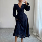 A-Line Elasticated Waist Jacquard Leaves Print Ruffled Solid Color Split-Joint Deep V-Neck Midi Dresses