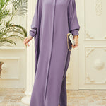 Batwing Sleeves Loose Buttoned Muslim Solid Color Split-Side Round-Neck Maxi Dresses