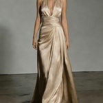 Women's Elegant Khaki Satin Halter-neck Sleeveless Maxi Dress