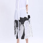 Loose Short Sleeves Contrast Color Drawstring Printed Tied Waist Lapel Midi Dresses Shirt Dress