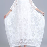 A-Line Half Sleeves Flower Print See-Through Solid Color Round-Neck Midi Dresses