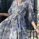 Loose Puff Sleeves Pleated Printed Split-Joint Tied Waist Lapel Mini Dresses Shirt Dress
