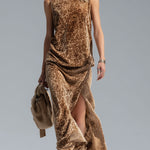 Leopard Print Crew Neck Sleeveless Vest And Split-hem Velvet Skirt Set