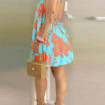 Loose Sleeveless Contrast Color Floral Printed Halter-Neck Mini Dresses