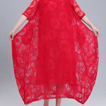 A-Line Half Sleeves Flower Print See-Through Solid Color Round-Neck Midi Dresses