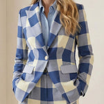 Long Sleeves Loose Buttoned Contrast Color Plaid Pockets Notched Collar Blazer Outerwear