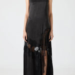 Pretty Soul Satin Lace Trim Wide Neck Irregular Hem Slit Maxi Dress