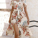 A-Line Loose Buttoned Flower Print Tied Waist Lapel Midi Dresses