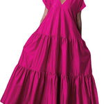 A-Line Loose Pleated Solid Color Split-Joint V-Neck Maxi Dresses