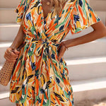 High Waisted Loose Printed Tied Waist V-Neck Mini Dresses