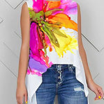 High-Low Loose Flower Print Round-Neck Blouses&Shirts Tops Vest Top