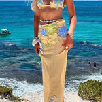 Luxe Knit Crochet Handmade Flower Beaded Waist Stretch Maxi Skirt