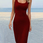 Skinny Sleeveless Solid Color Split-Side Striped U-Neck Midi Dresses