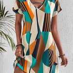 A-Line Loose Contrast Color Printed Zipper V-Neck Mini Dresses