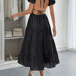 A-Line Loose Backless Pleated Solid Color Tied V-Neck Midi Dresses