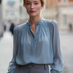 Dusty Blue Pleated Mandarin-Collar Chiffon Blouse